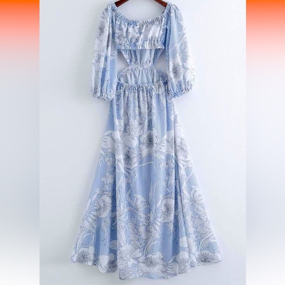 Chicwish Dresses & Skirts - Chicwish Stripe Floral Open Back Long Sleeve Small Blue White Maxi Dress
